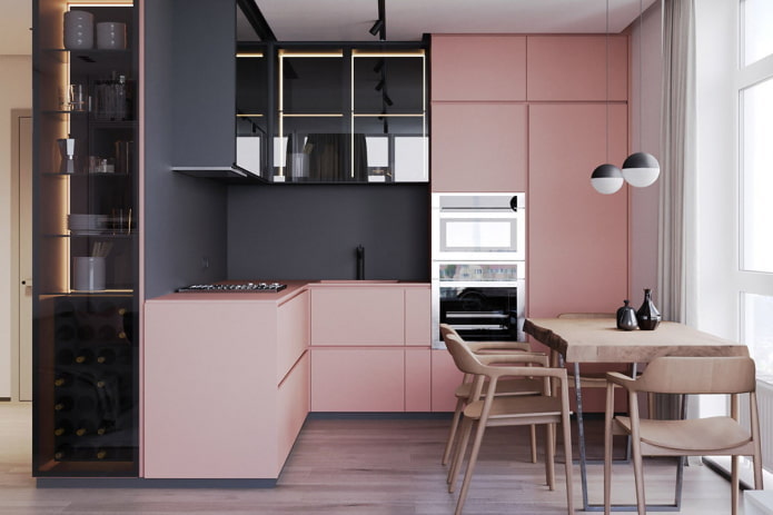 furniture and appliances in the kitchen interior in pink tones