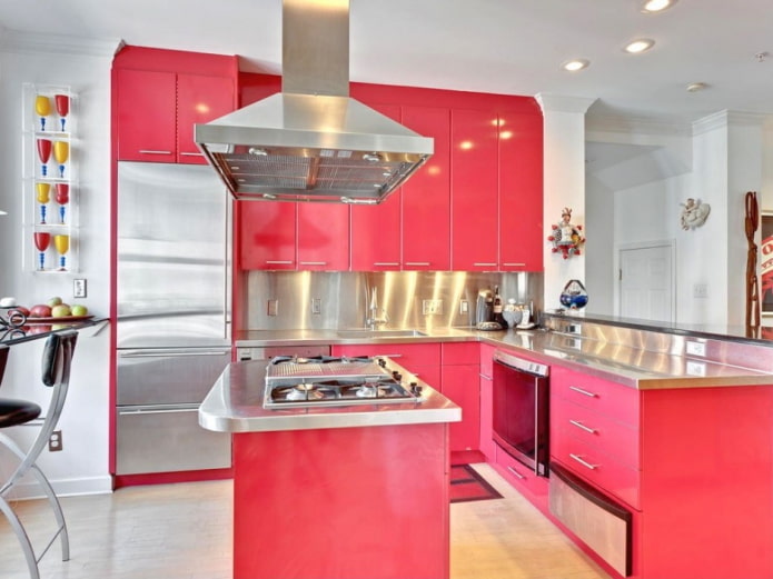 furniture and appliances in the kitchen interior in pink tones