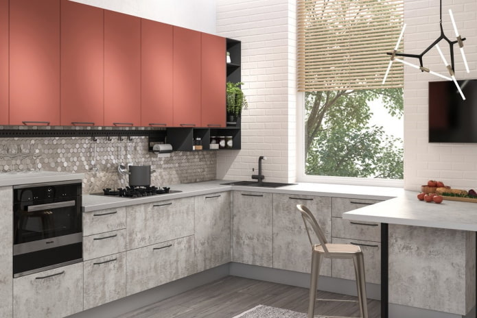 kitchen interior in gray and pink tones