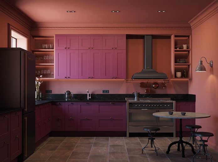kitchen interior in pink and lilac tones