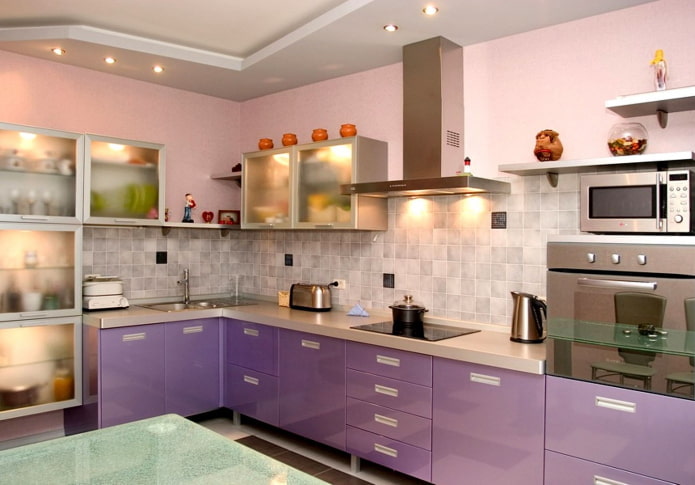 kitchen interior in pink and lilac tones