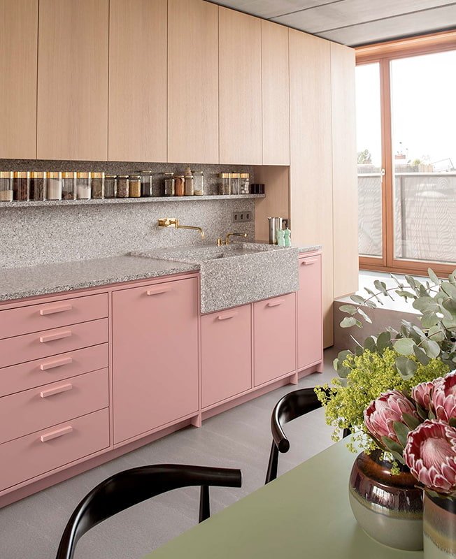 kitchen interior in pink tones