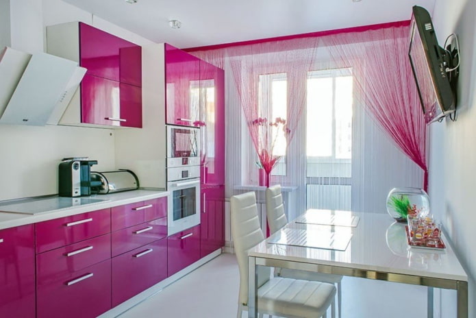 curtains in the kitchen interior in pink tones