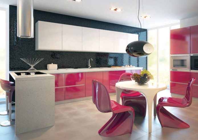 furniture and appliances in the kitchen interior in pink tones