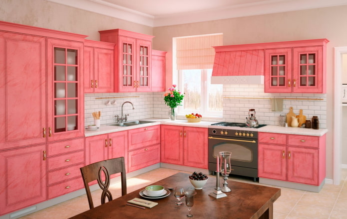 pink kitchen interior in Provence style