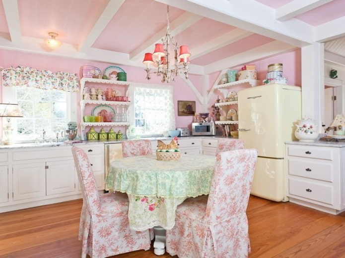 pink kitchen interior in shabby chic style