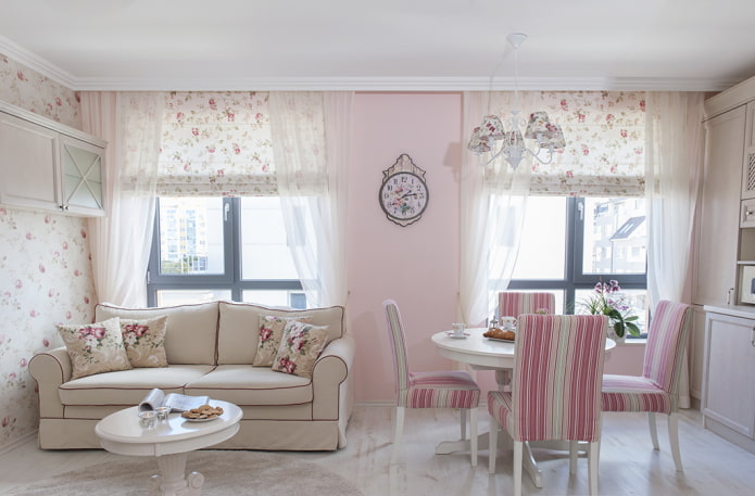 curtains in the kitchen interior in pink tones