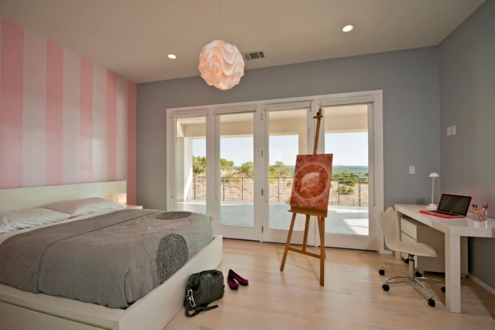 interior of a gray-pink bedroom