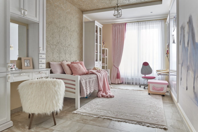 bedroom interior in pink and beige tones
