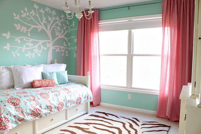 bedroom interior in pink and turquoise tones