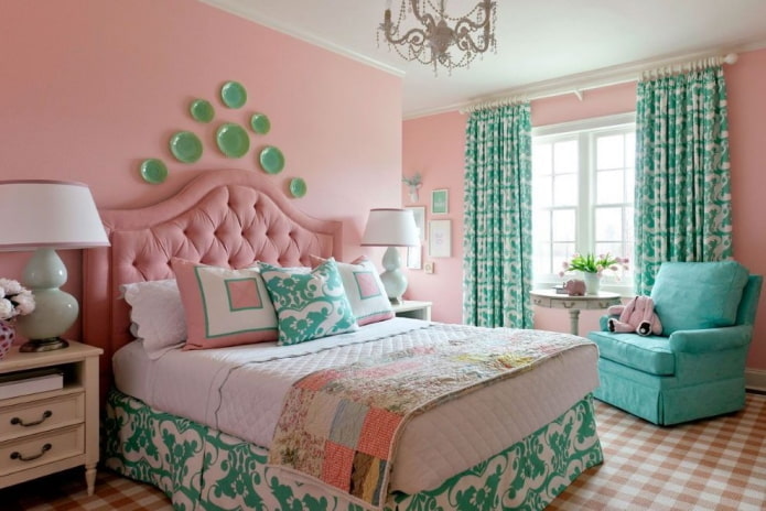 bedroom interior in pink and turquoise tones