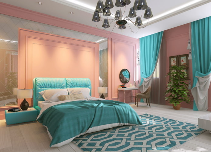 bedroom interior in pink and turquoise tones