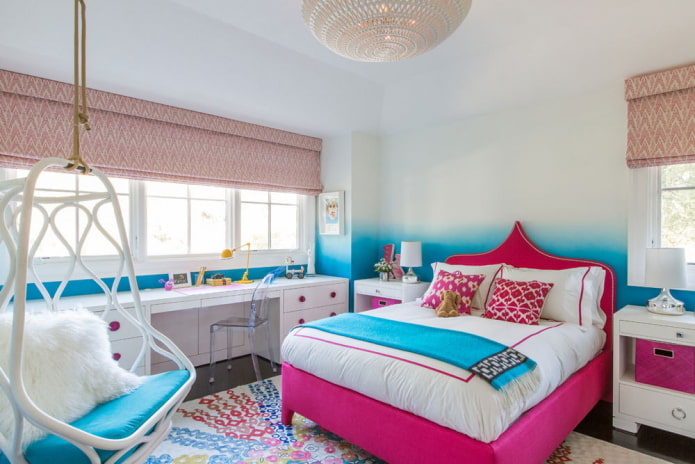 bedroom interior in pink and blue tones