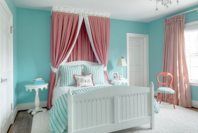 bedroom interior in pink and blue tones
