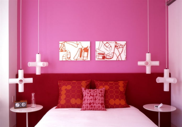 bedroom interior in pink and red tones