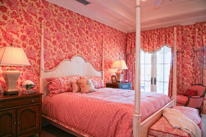 bedroom interior in pink and red tones