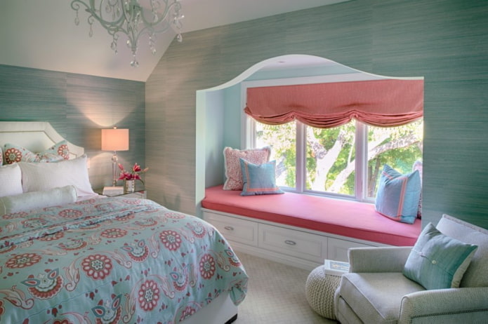 bedroom interior in pink and mint tones