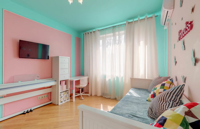 bedroom interior in pink and mint tones
