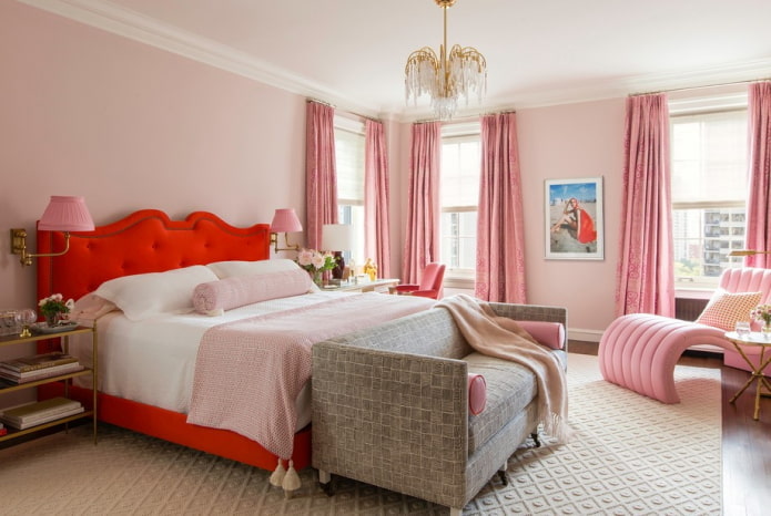 furniture in the bedroom interior in pink tones