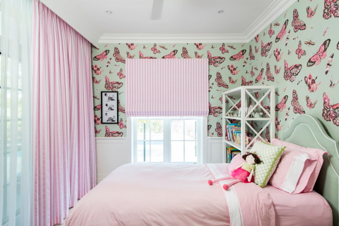 bedroom interior in pink and mint tones
