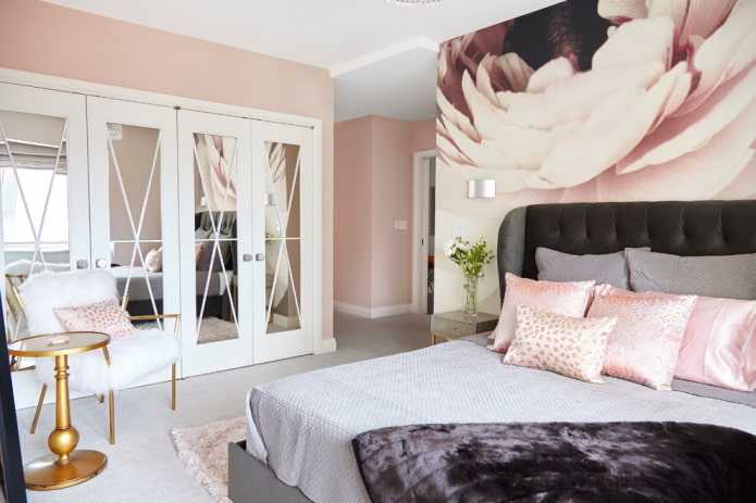 furniture in the bedroom interior in pink tones