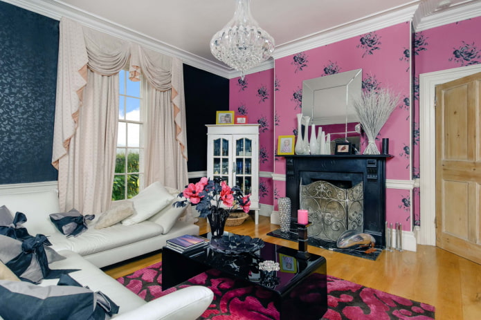 pink wallpaper with a blue pattern