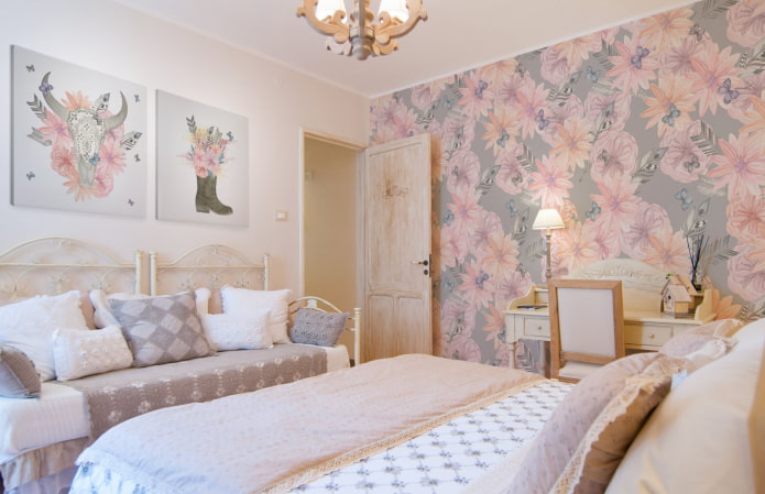 gray and pink wallpaper in the bedroom