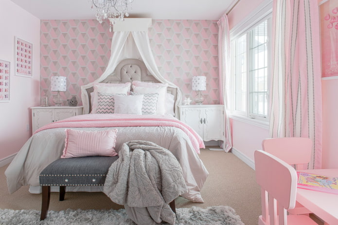 gray and pink wallpaper in the bedroom