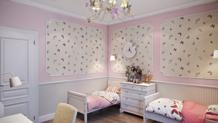 pink and beige wallpaper in the nursery