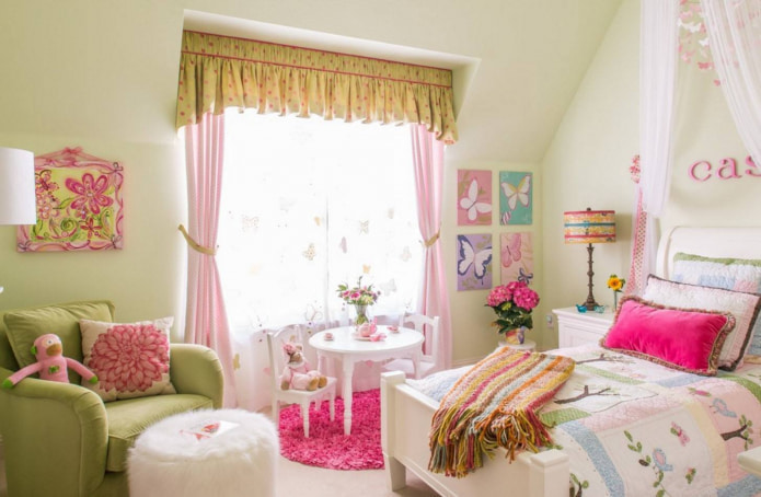 pink and light green curtains