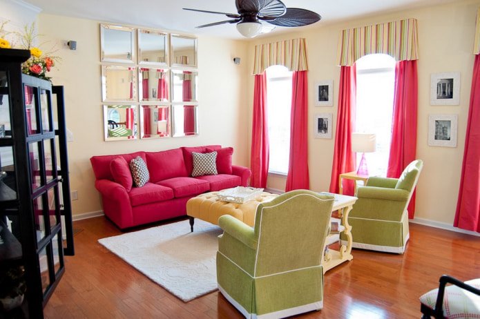 pink curtains and a pink sofa