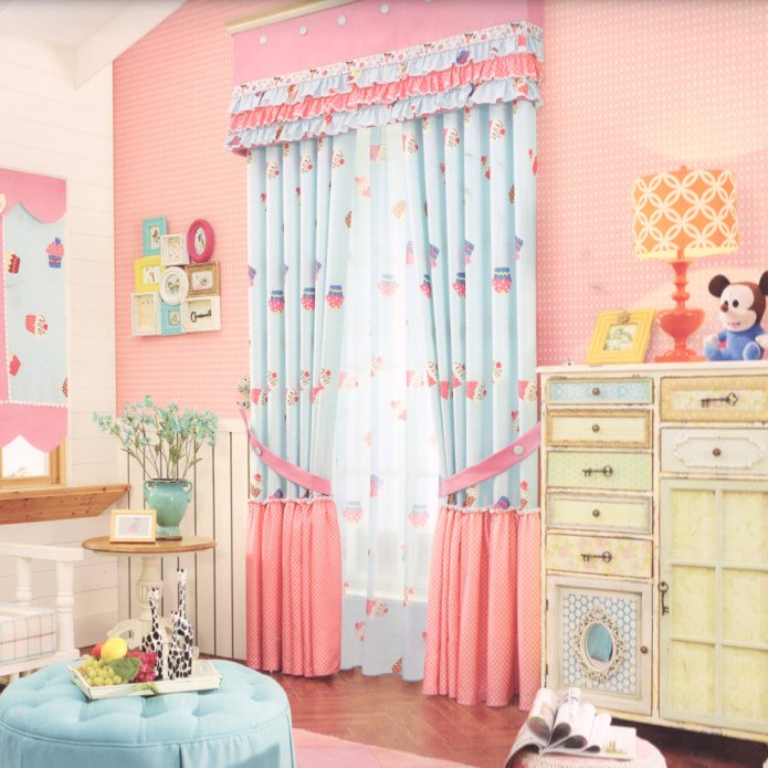 pink and blue curtains in a child's room