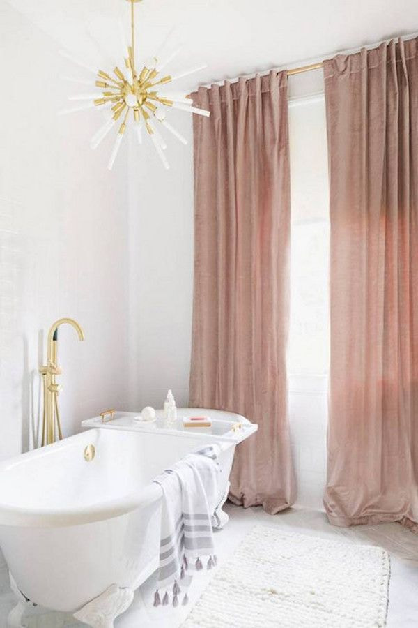 dusty rose curtains in a bathroom