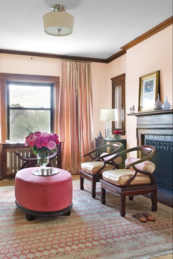 pink curtains in the office