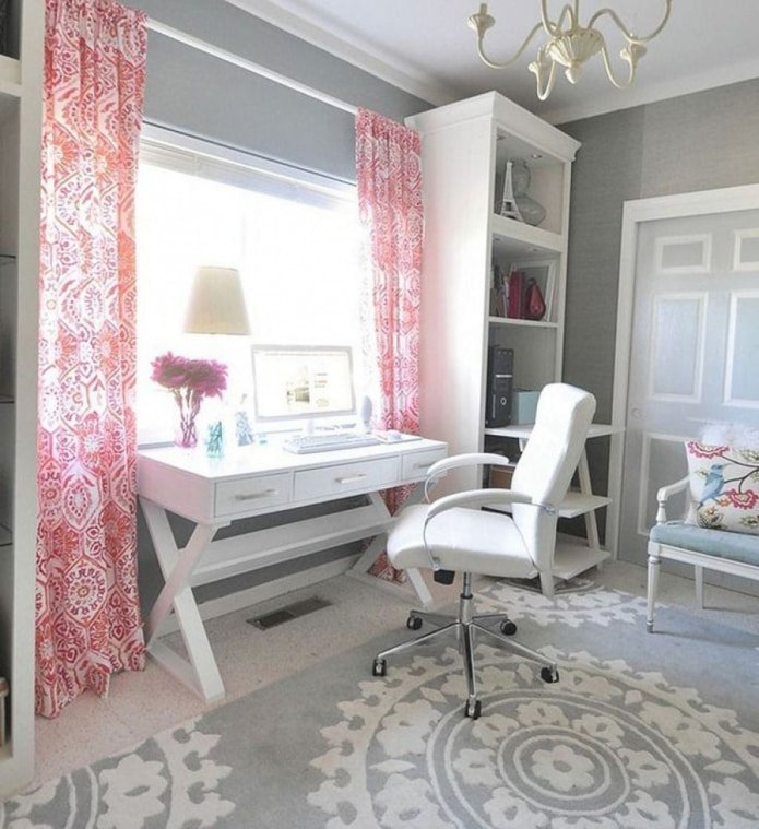 pink curtains in the office