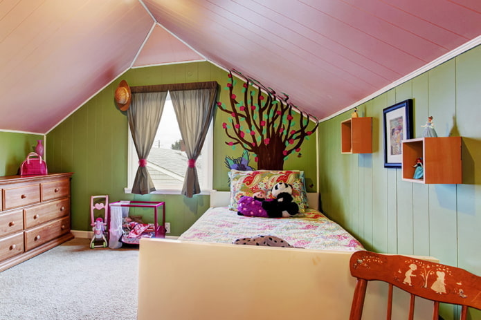 pink ceiling covering with green walls