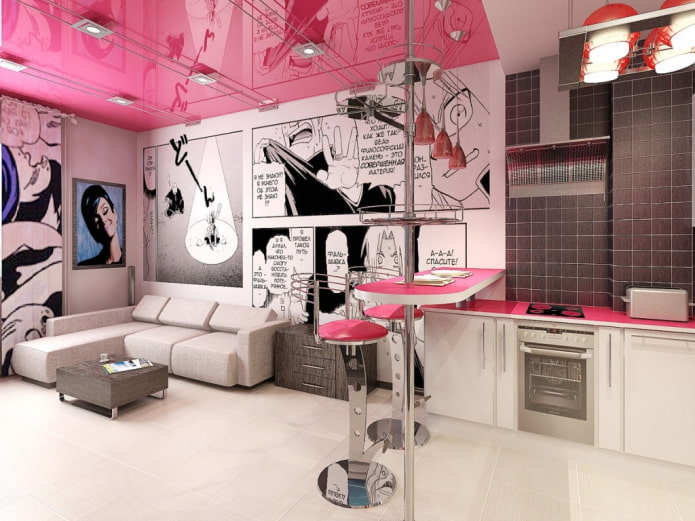 pink stretch ceiling in the interior
