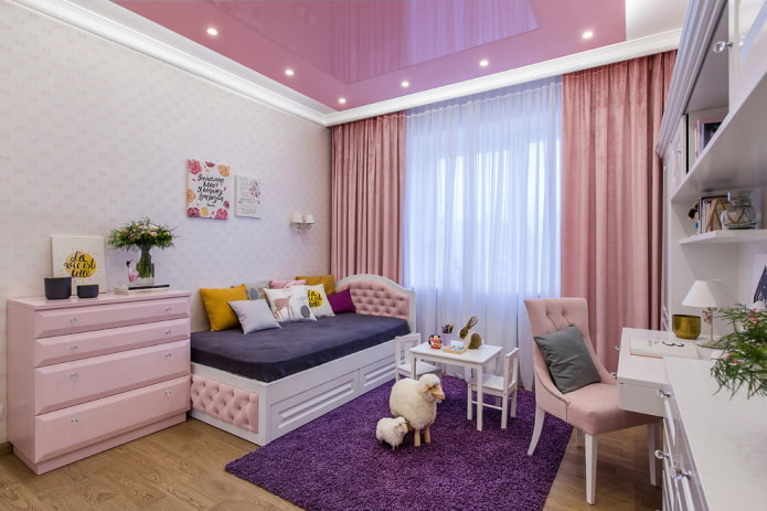 pink stretch ceiling in the nursery