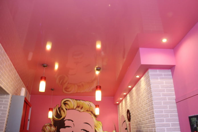 pink ceiling design with lamps