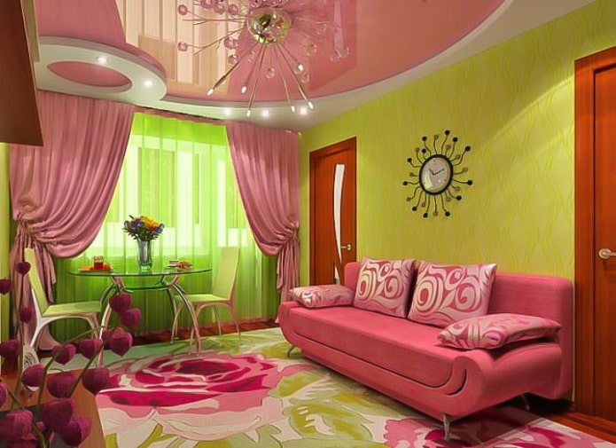 green wallpaper and pink ceiling