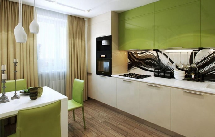 kitchen interior in beige and light green tones