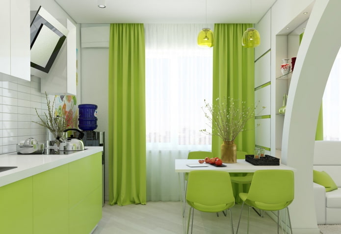 curtains in the kitchen interior in light green tones