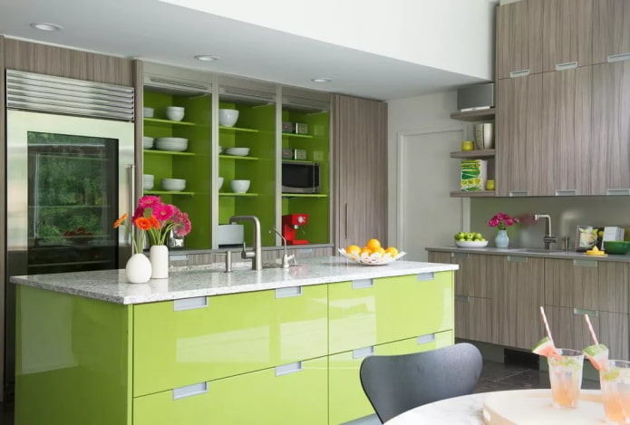 kitchen interior in gray and light green tones