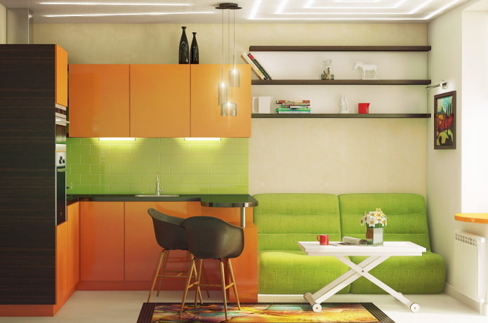 kitchen interior in orange-salad tones