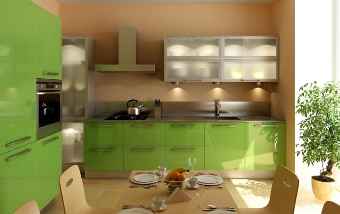kitchen interior in beige and light green tones