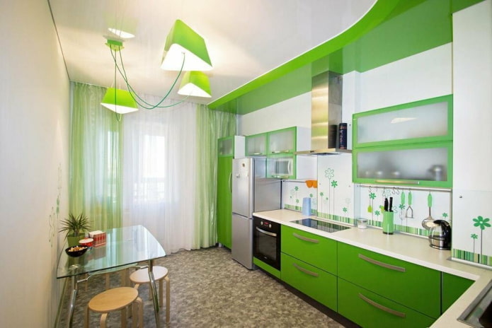 curtains in the kitchen interior in light green tones