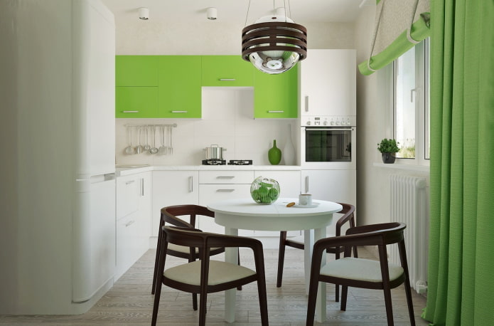 lighting and decor in the kitchen interior in salad tones