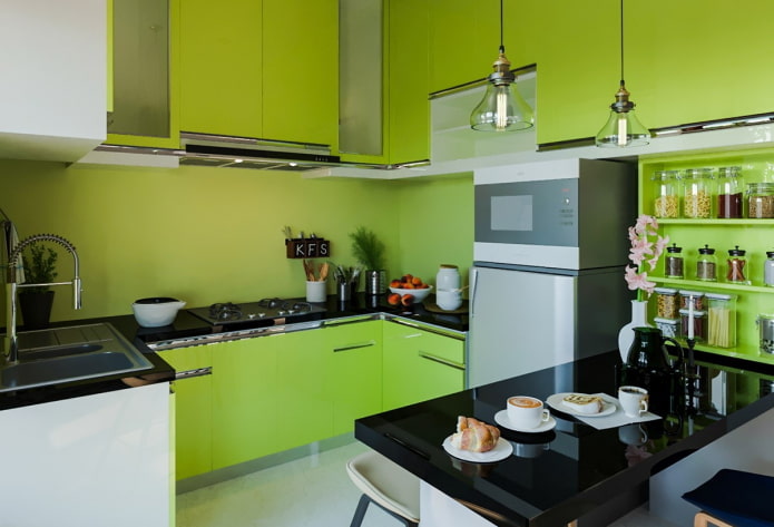 lighting and decor in the kitchen interior in salad tones
