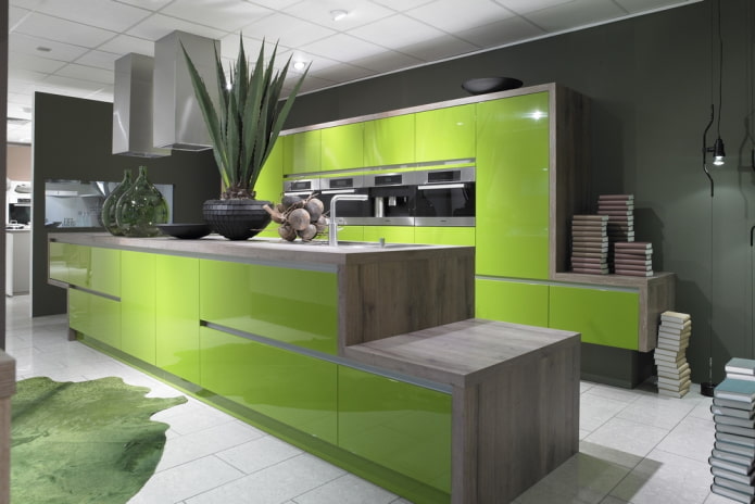 salad green kitchen interior in high-tech style