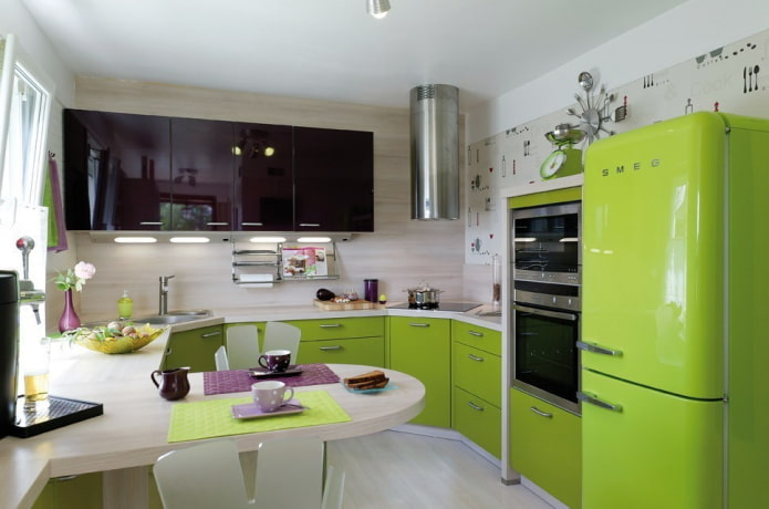 furniture and appliances in the kitchen interior in light green tones